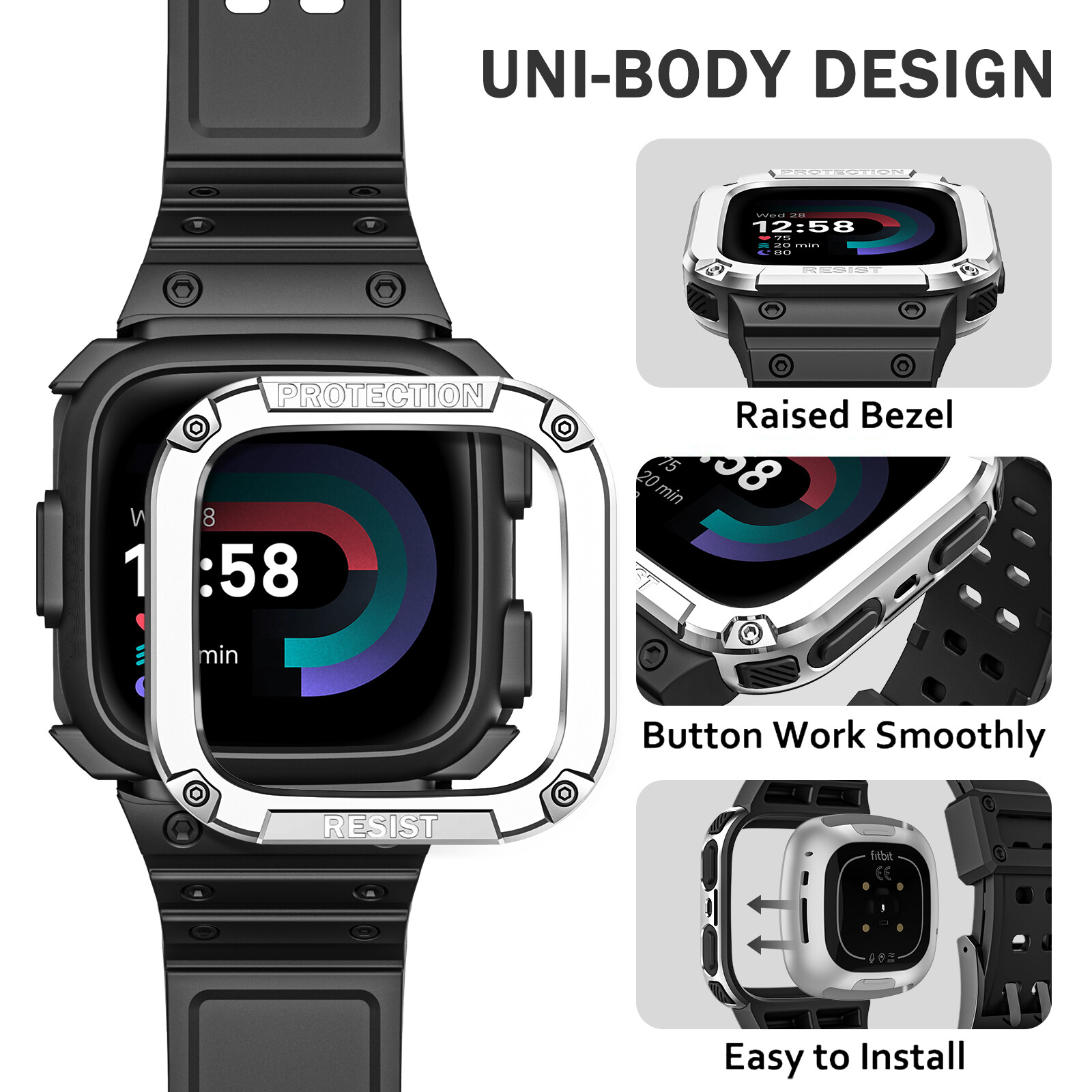 Band with Case for Fitbit Versa 4/3/2/1/Lite Rugged Sport Bands Protective Cover