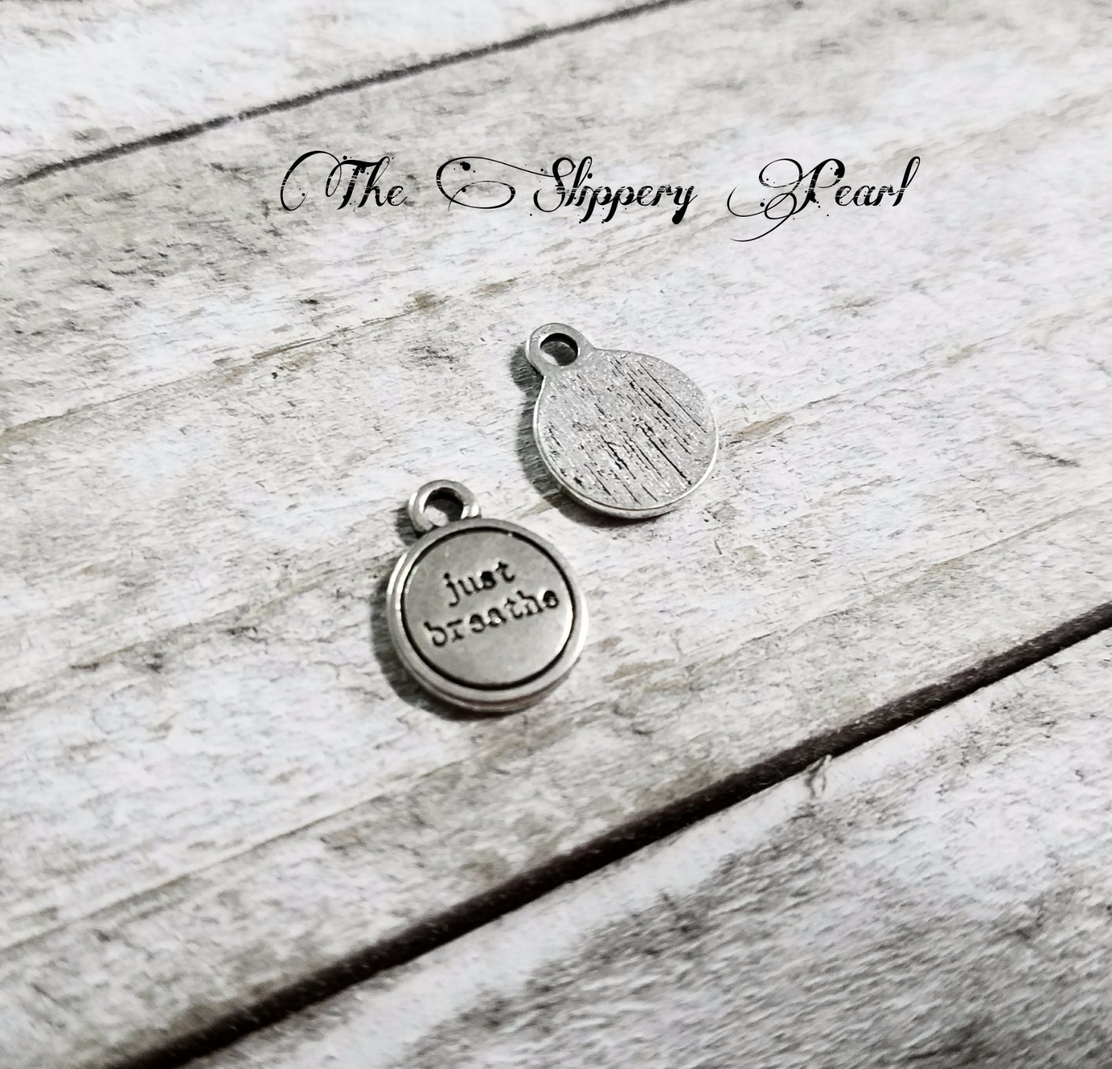 4 Quote Charms Word Charms JUST BREATHE 14mm Antiqued Silver Inspirational Words