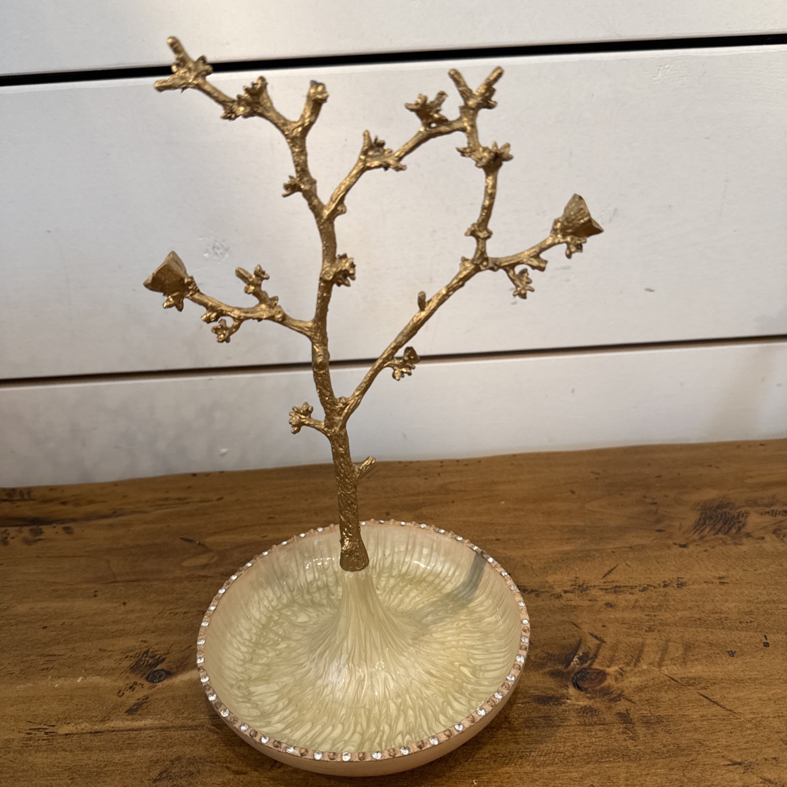 Goldtone Jewelry Tree Stand with Enamel Bowl Base