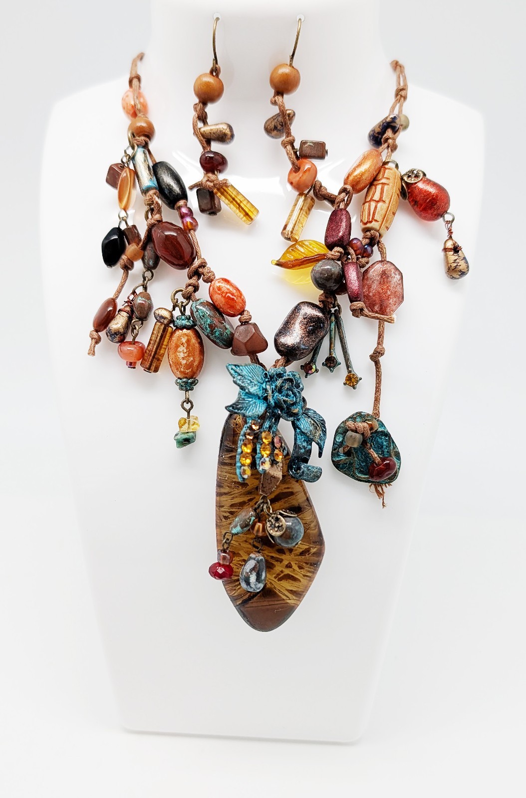 DESIGNER INSPIRED FAUX AMBER FETISH CRYSTAL BROWN BLUE GOLD TONE JEWELRY SET NEW