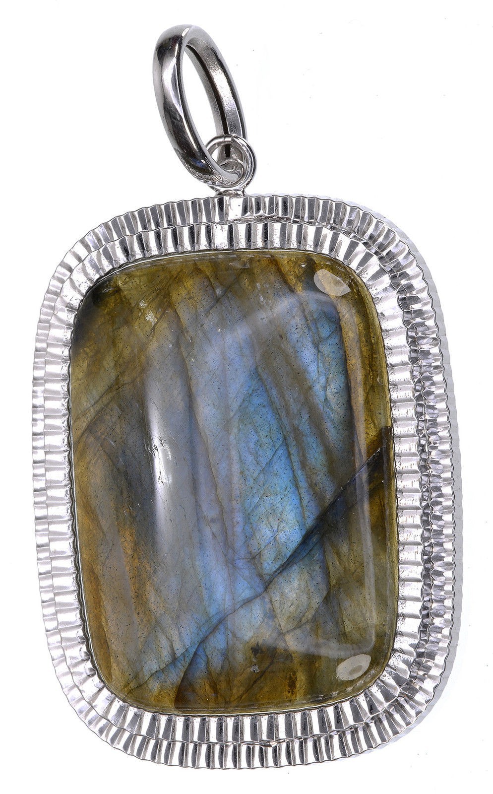 Large LABRADORITE PENDANT Signed 14K White Gold Milor – Italy – Bezel – Natural