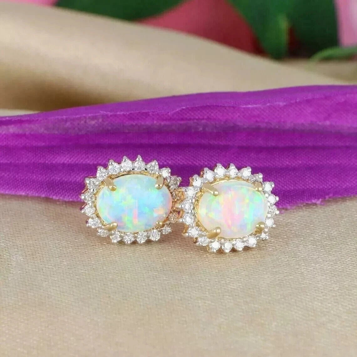 2.20Ct Oval Cut Simulated Fire Opal Halo Stud Earrings 14k Yellow Gold Plated