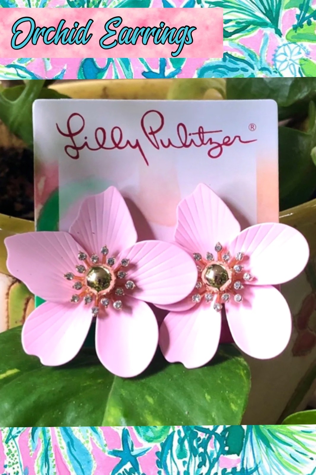 LILLY PULITZER ORCHID FLOWER EARRINGS 🩷 NWT Resort Pink /gold/Crystal⭐️PIERCED