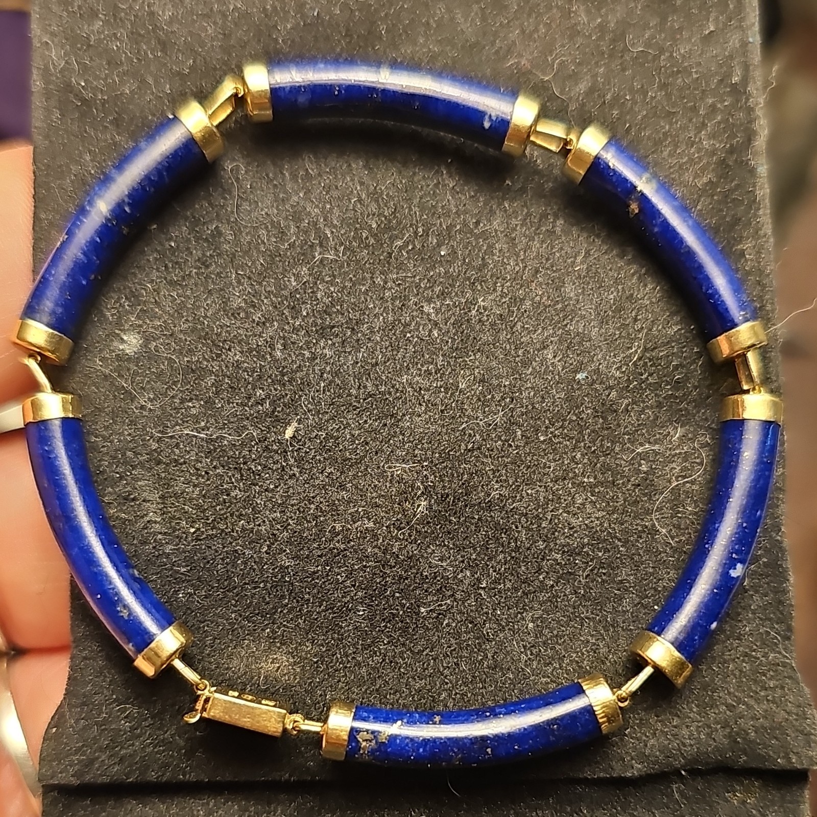 Vintage 14K Gold Heng Ngai HN Chinese Shou Lapis Lazuli Panel Bracelet 585