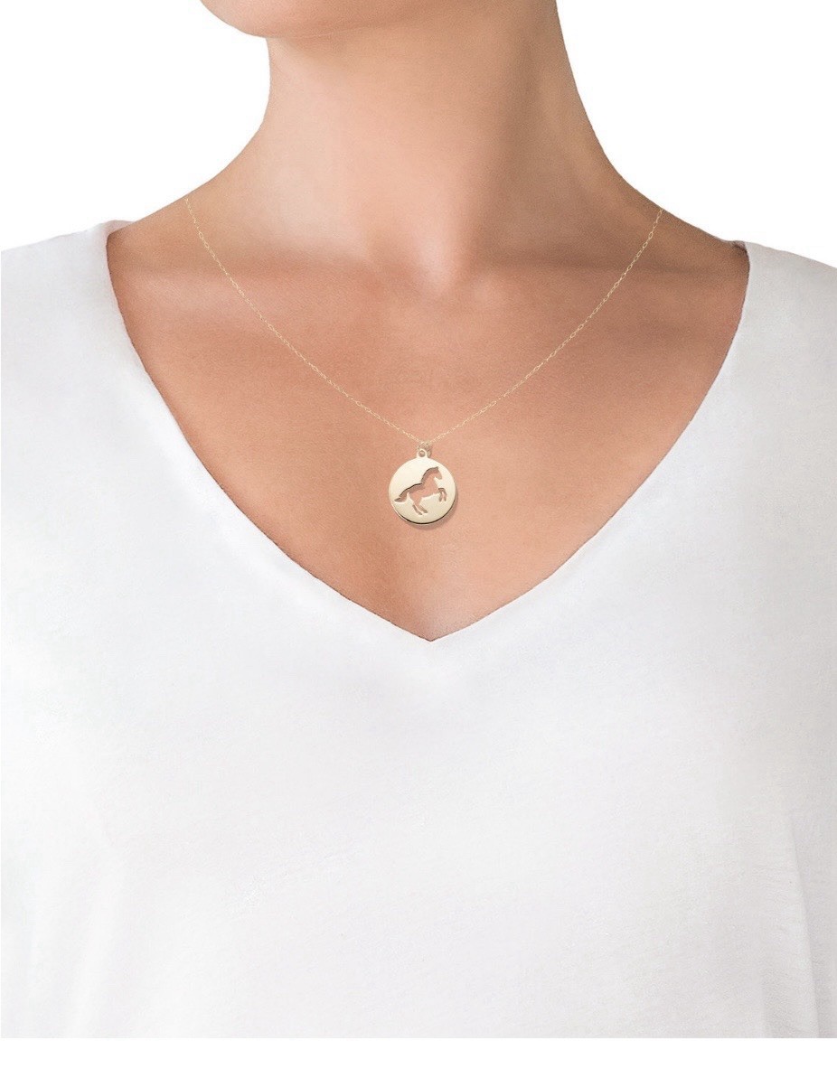 10k Gold Tone Round Horse Cutout Charm Pendant Necklace Cable Chain Spring Ring