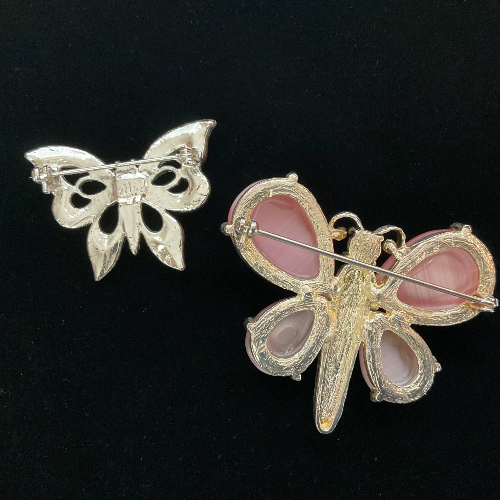 Butterfly Pair Silver Tone Rhinestones Moon Stone Cabochons 1 Signed AAI Vintage