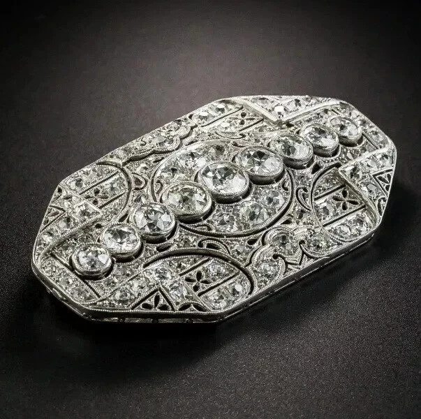 Vintage Art-deco Brooch Pin 6CT Simulated Diamond 14K White Gold Plated 3 inch