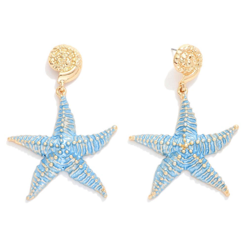 Gold Blue Starfish Drop Earrings Coastal Beach Shell Statement 2.75″