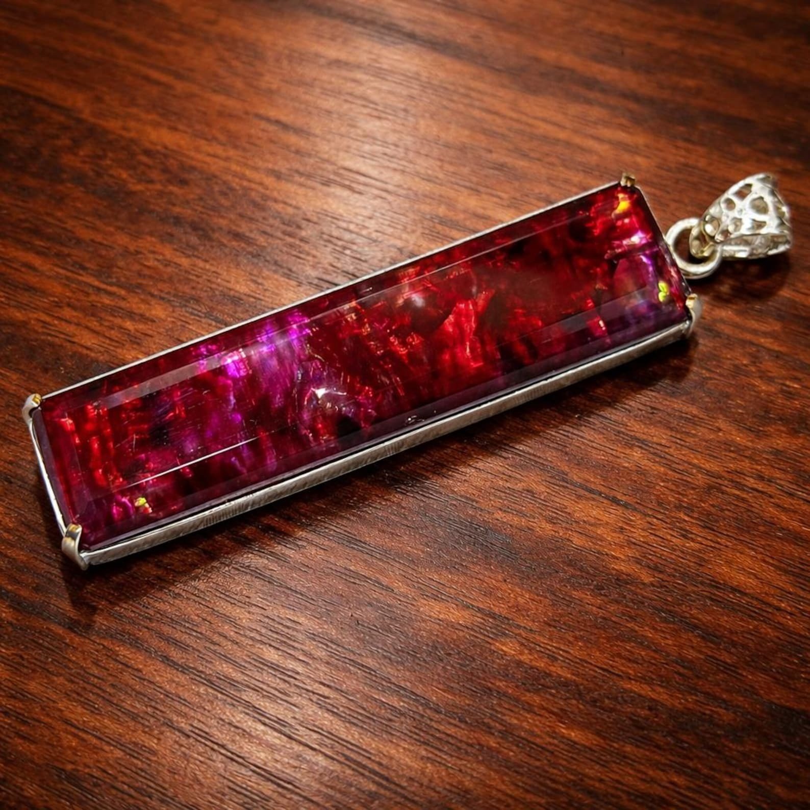 Certified 105 Ct Natural Ammolite 925 Silver Emerald Cut Pendant Loose Gemstone