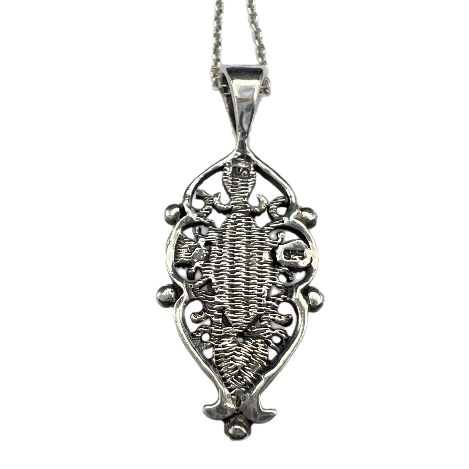 Mother of Pearl & Marcasite Filigree Pendant Necklace 925 Sterling Silver Chain