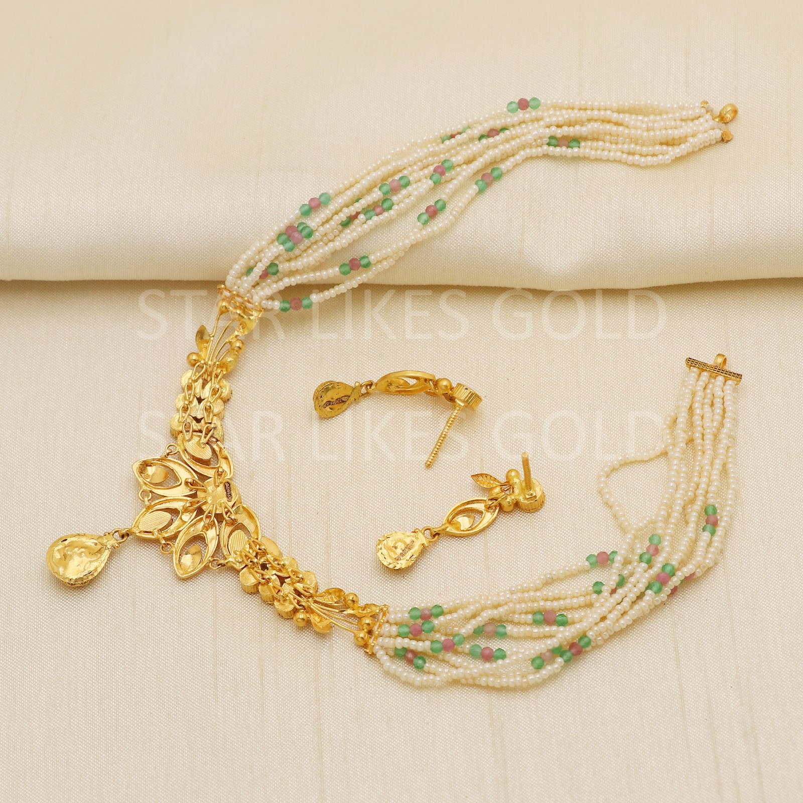 22K Yellow Gold Kundan Floral Pearl Strand Necklace Earrings Set 11.44g