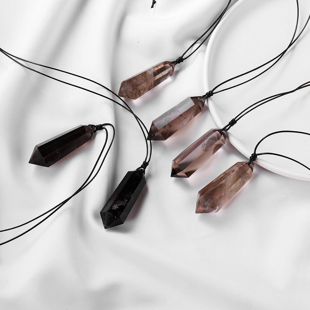 Smoky Quartz Crystal Double Point Pendant Natural Necklace Hexagonal Stone