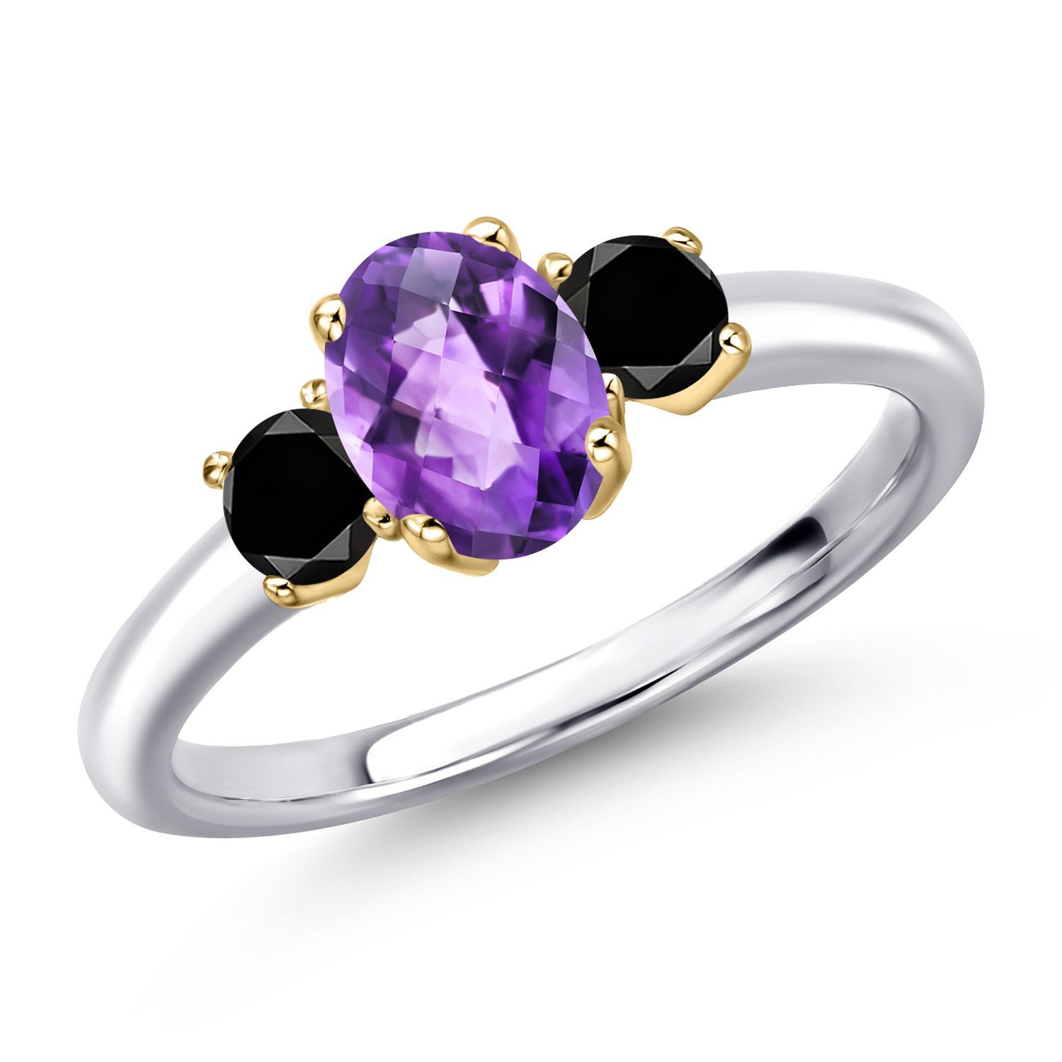 925 Silver and 10K Yellow Gold Amethyst and Black Diamond Engagement Ring For