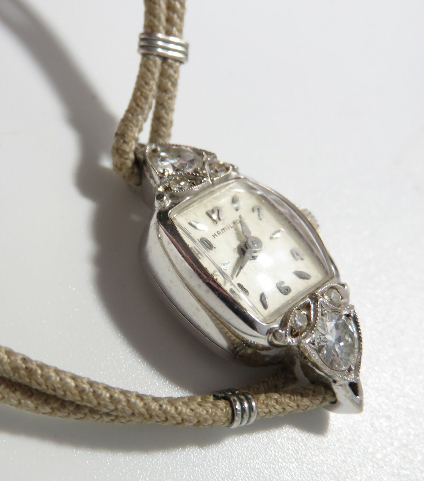 Hamilton 14K White Gold Diamond BIGGS Ladies wristwatch bracelet 17J Customized