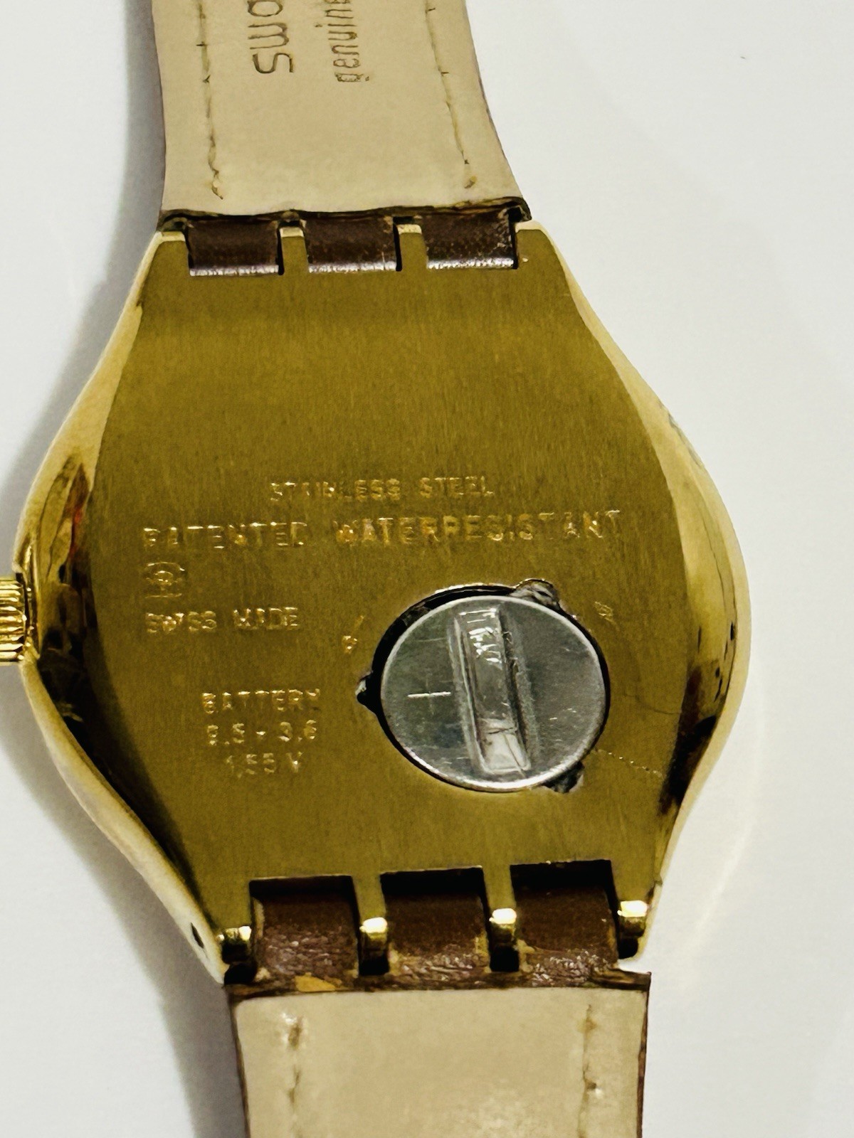 Swatch Swiss Lot of 2 Quartz Gold Tone Roman Dial Leather Strap Watches