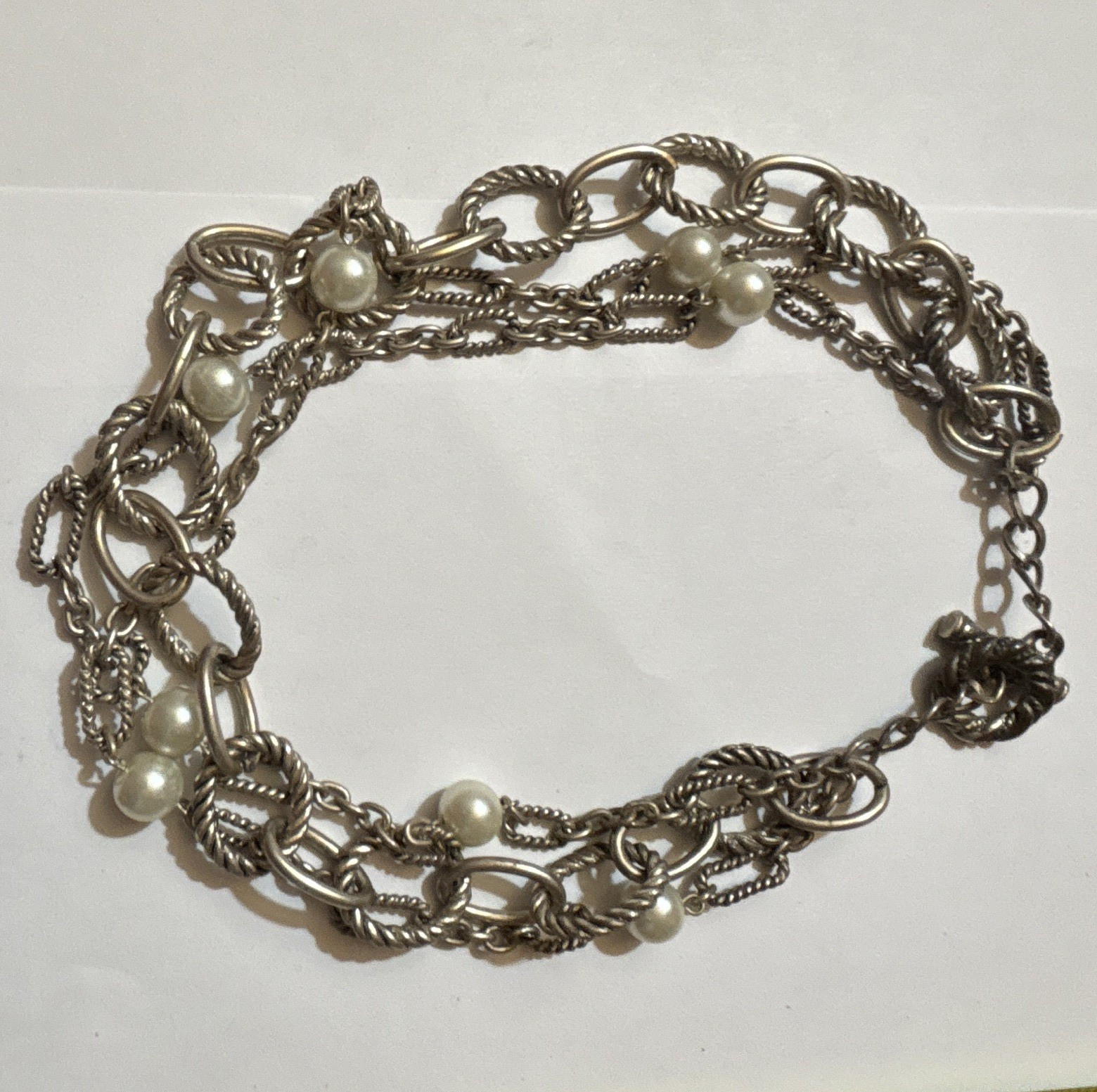 Silver Tone Multi-Chain Rope Link Bracelet, White Round Pearl Dangles, Lobster