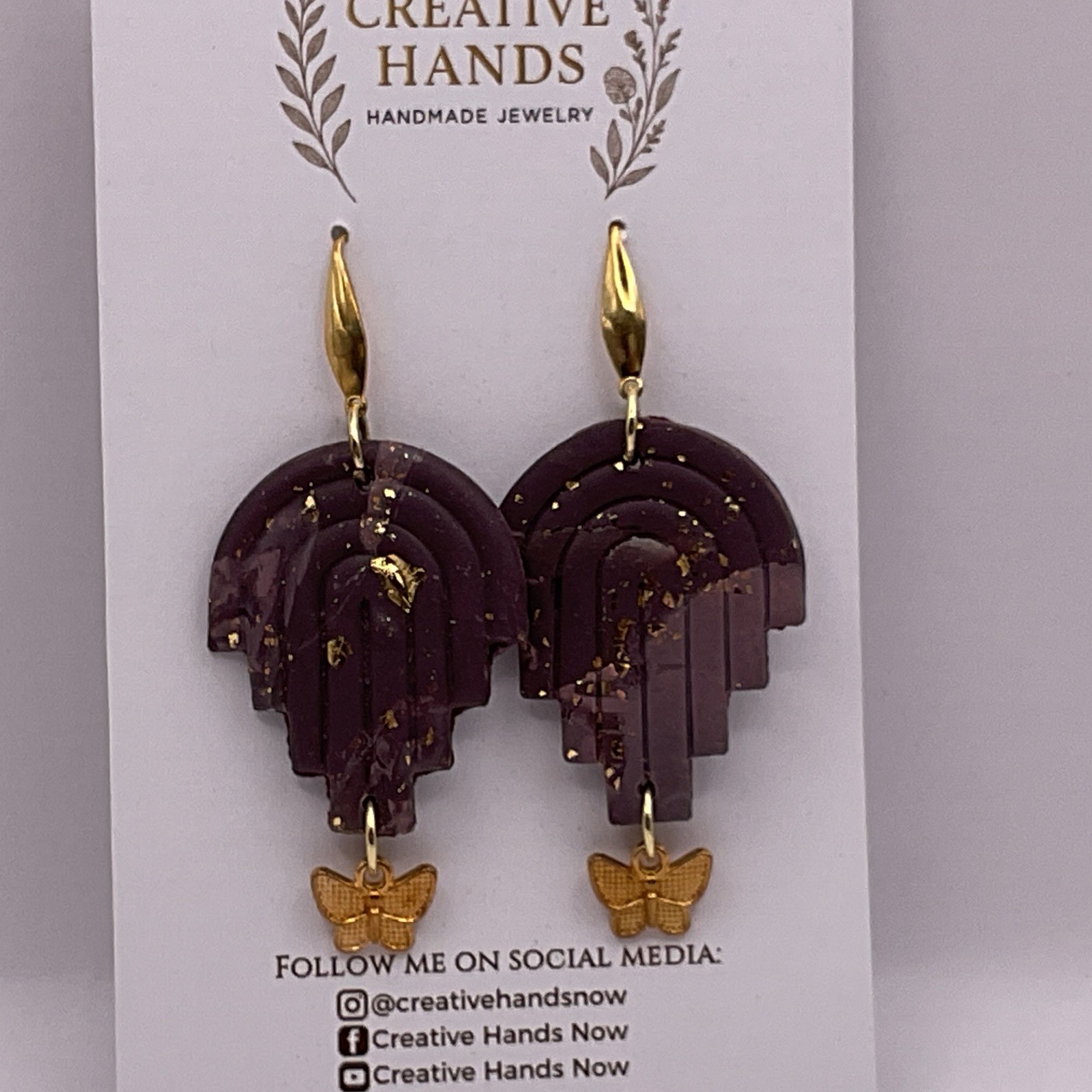Handmade Burgundy Art Deco Arch Butterfly Earrings Gold Flake Statement Jewelry