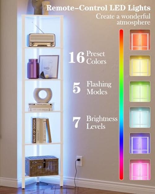 Corner Shelf with LED Light, 6-Tier Corner Bookshelf, 6-Tiers White With Lights