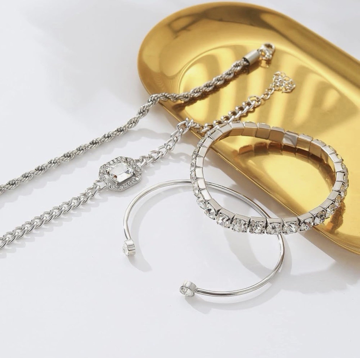 4PCS Dainty Silver Bracelets Set Women 14K Silver Plated CZ Paperclip Link Chain