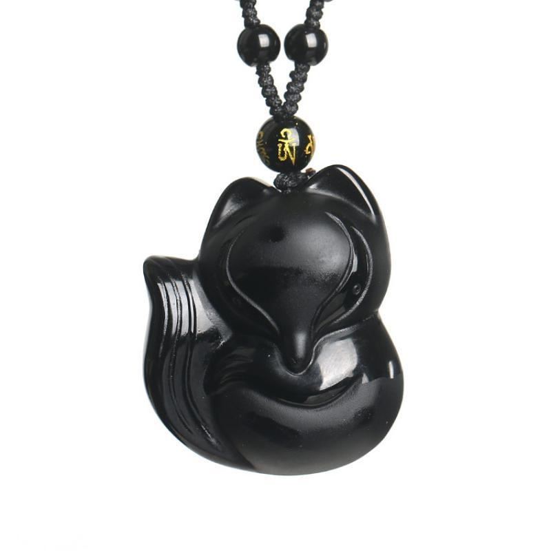 Vintage Exquisite Obsidian Fox Pendant Beaded Chain Necklace Charm Unisex Amulet