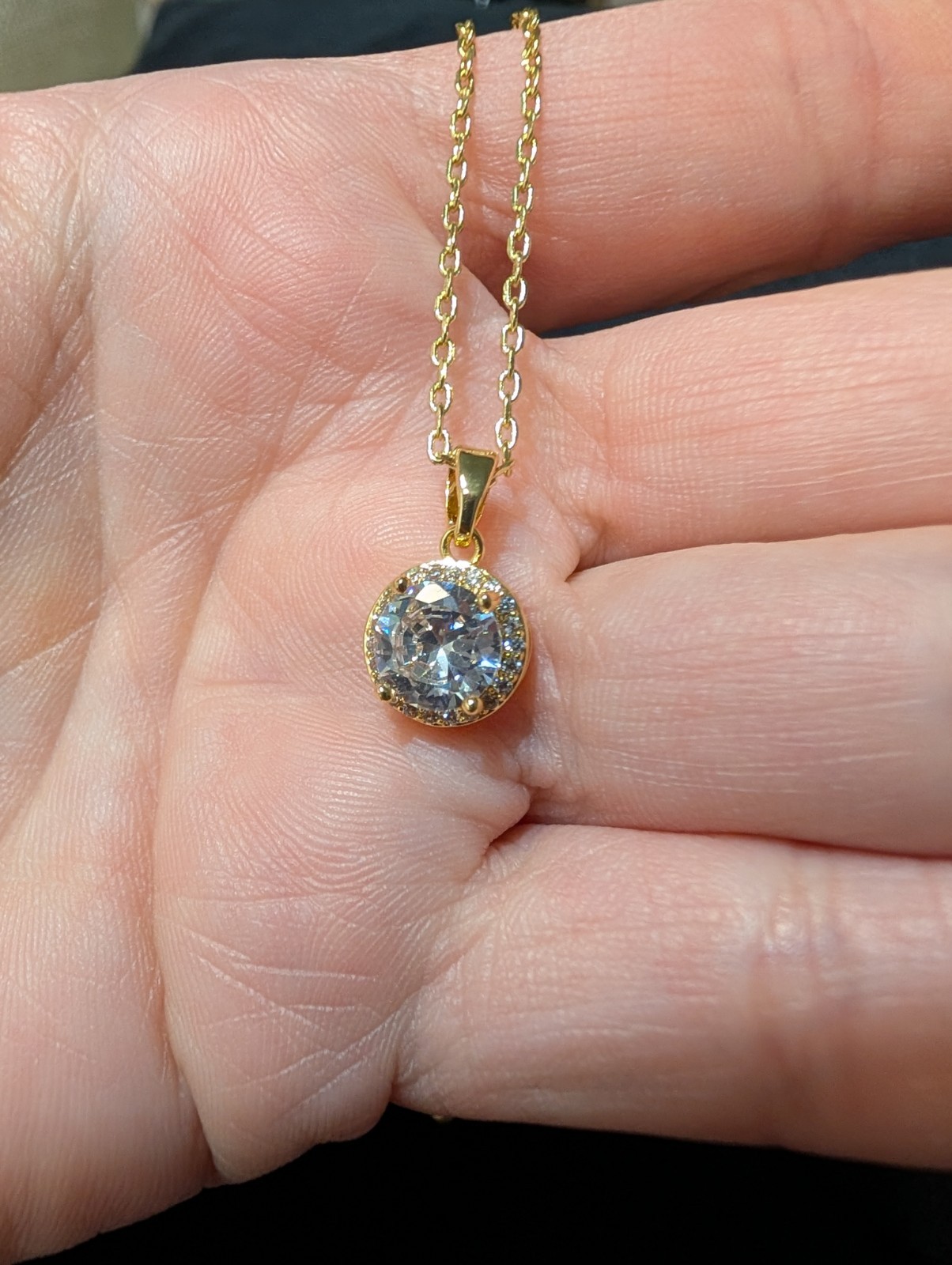 Gold Tone Yellow Bezel Round Clear Crystal Pendant Necklace