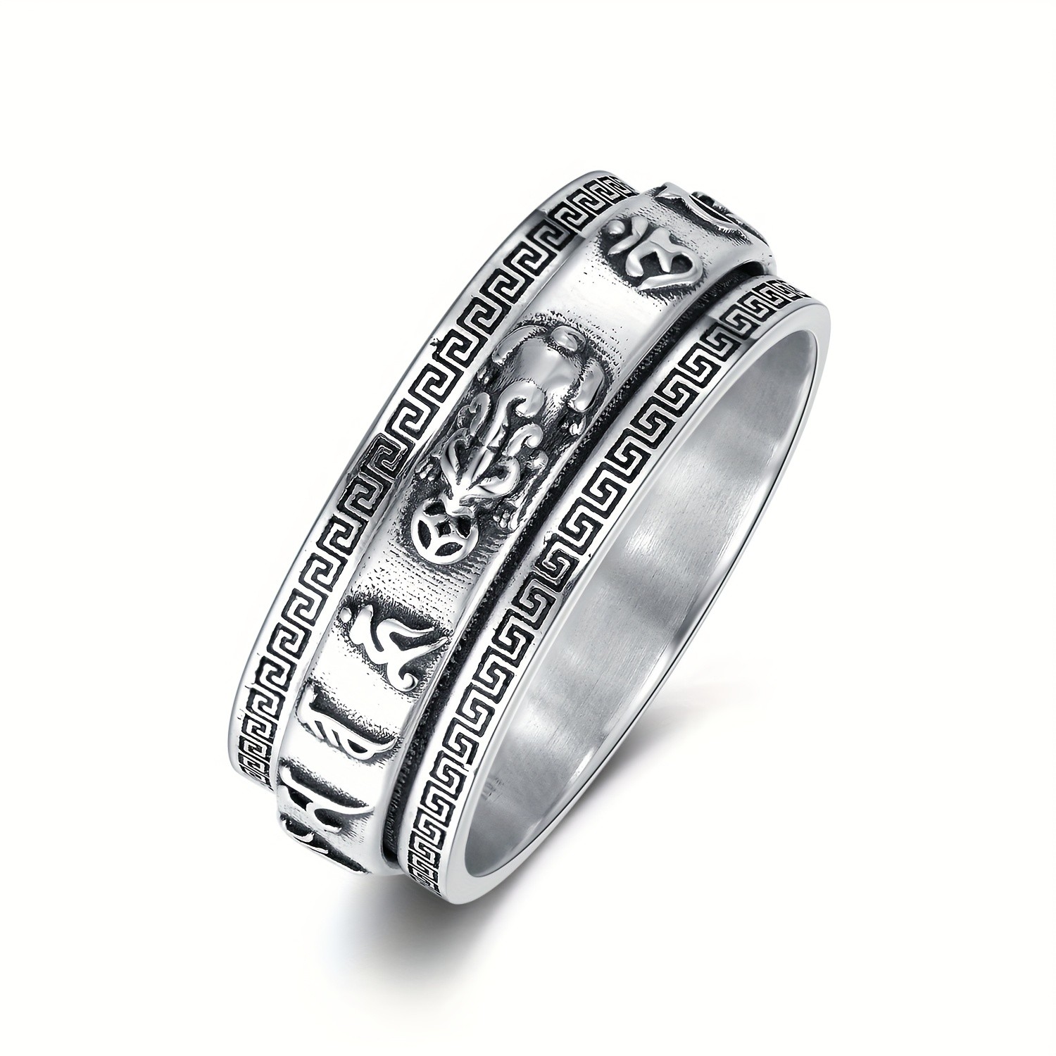 Sterling Silver Rotating Pixiu Ring With Mantra Greek Key Design Size 8 9
