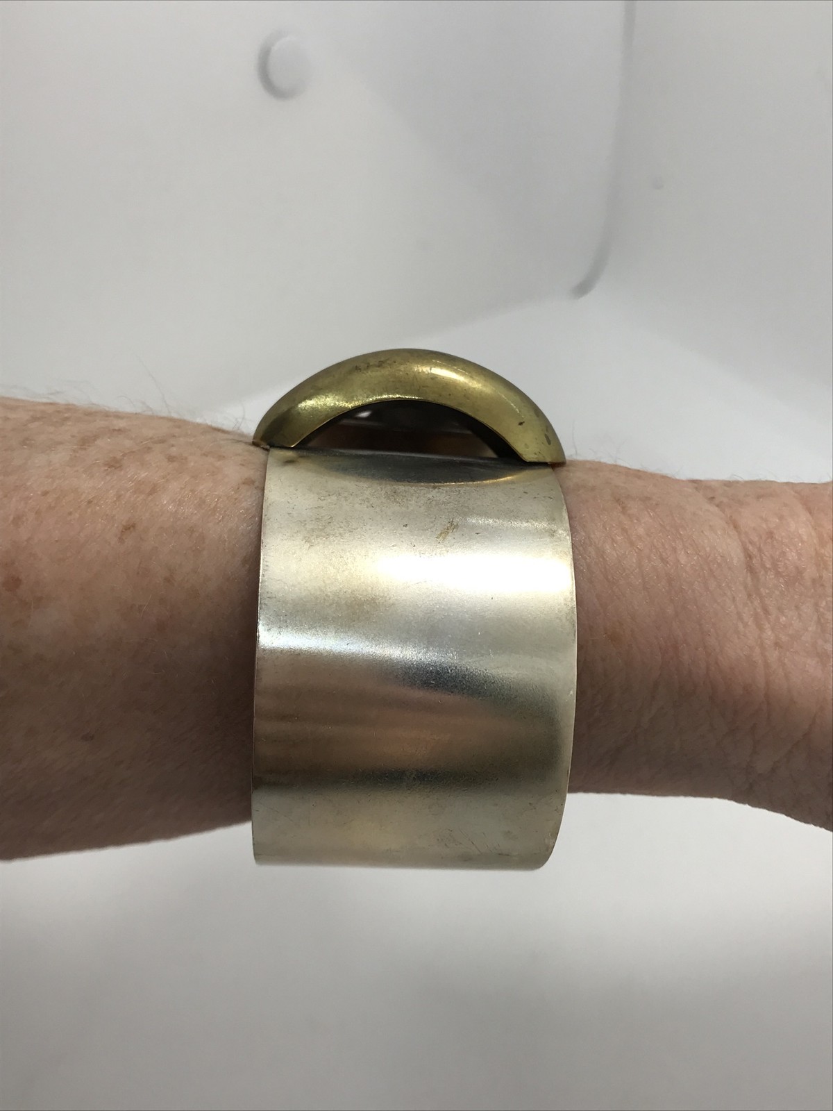 Vintage NVC Mexico 925 Sterling Silver Brass Accent Hinged Bracelet sz 7.25