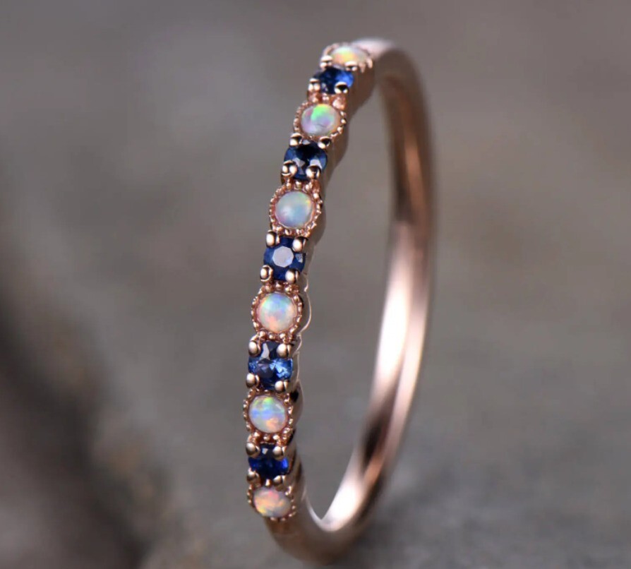 14k Rose Gold Plated Silver 3Ct Round Cut Simulated Fire Opal Women’s Band Ring