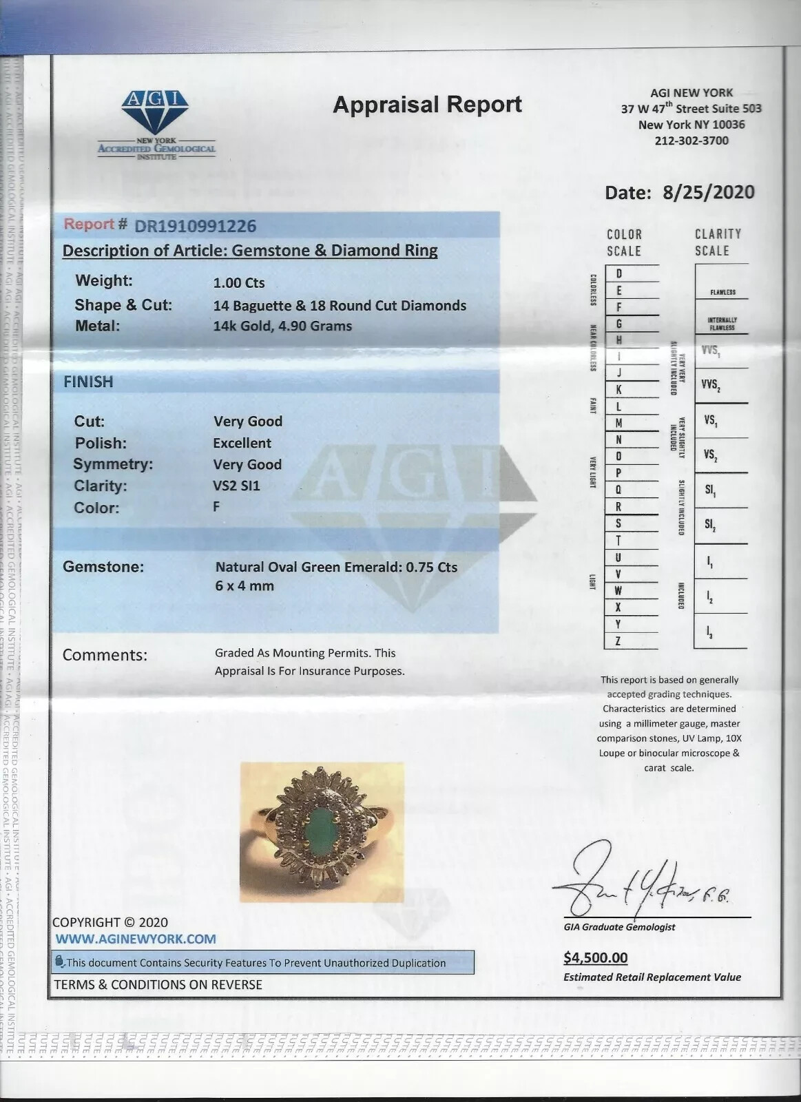 14K Gold Diamond & Emerald Ring Dia=1.00 Carat F-SI1/VS2 4.90 Grams Value=$4,500