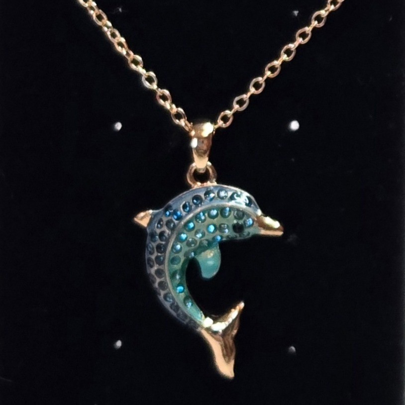 Gold Tone Blue Teal Enamel Rhinestone Dolphin Pendant Necklace 18 Inch Ocean