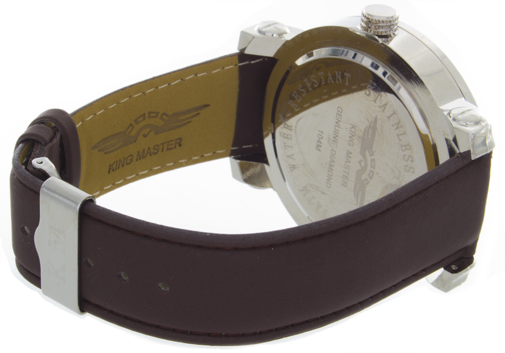 King Master Men’s CZ Stones Silver Dial Stainless Steel Brown Leather Watch