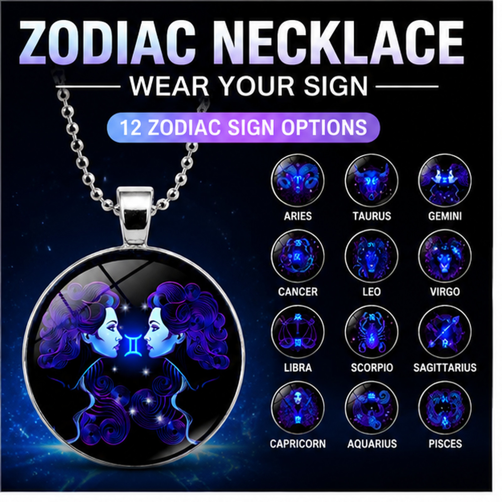 Zodiac Necklace Stainless Steel Ball Chain Astrology Pendant Sign Gift Jewelry