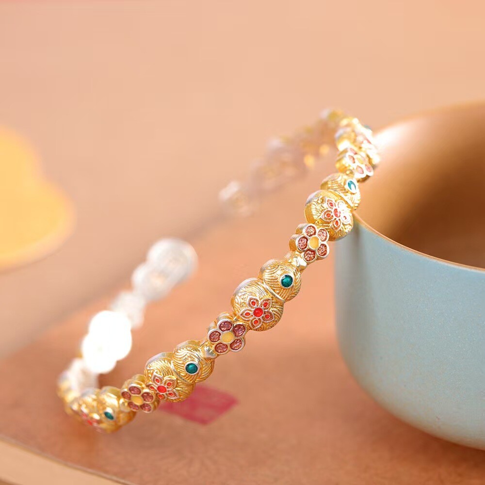 Pure S999 Fine Silver Bracelet Lucky Gourd Flower Open Bangle 26-27g Dia:58mm