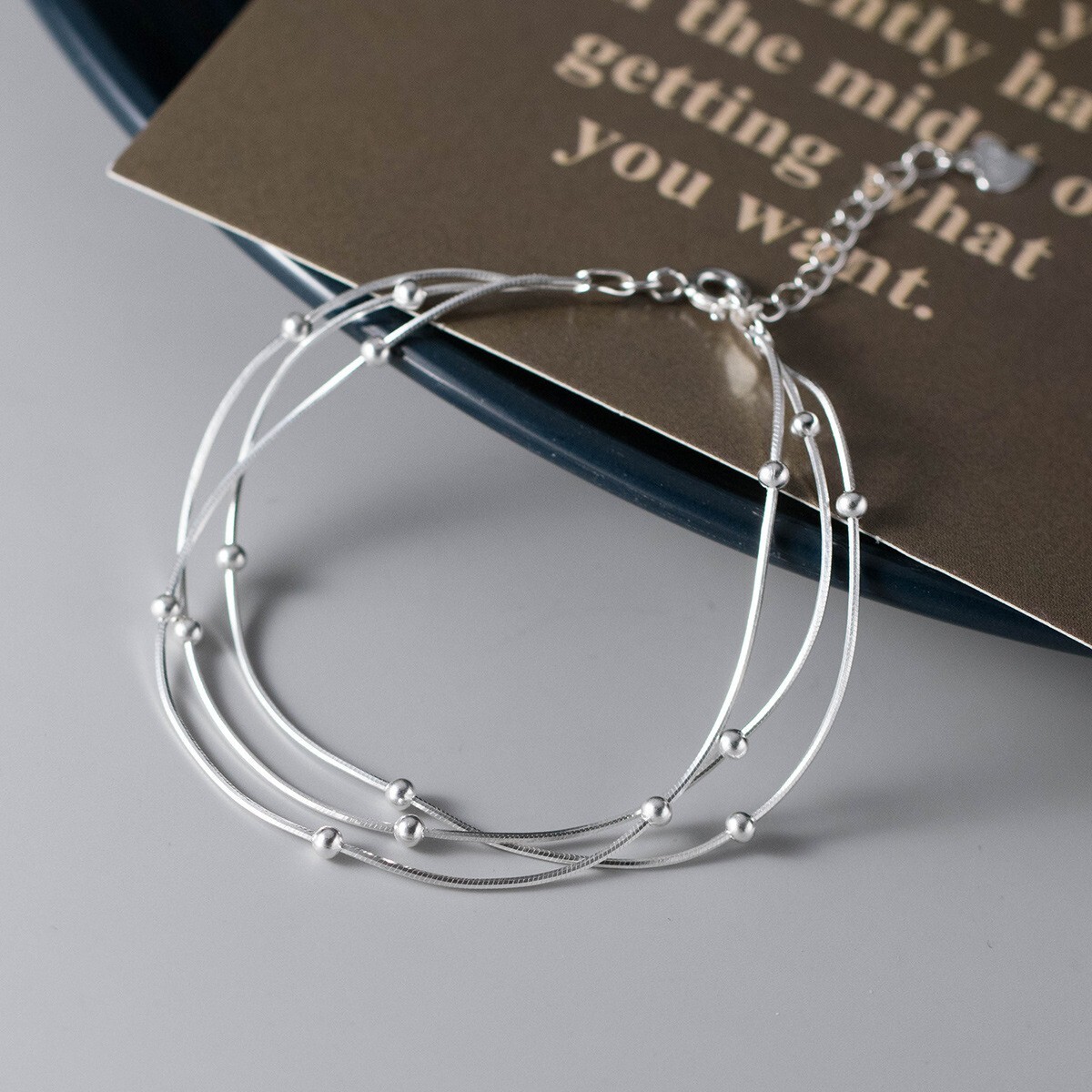 Woman REAL S925 Sterling Silver 3 Layers Beaded Snake Chain Bracelet Bangle