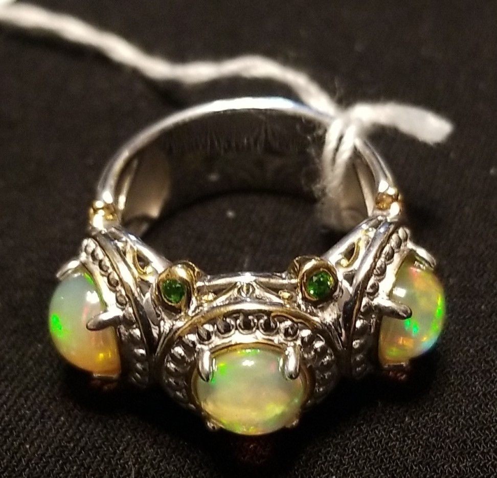 “NEW” Gems En Vogue Opal Ring, 3 Stone Ethiopian Opal Ring, Sterling 925 Size 5