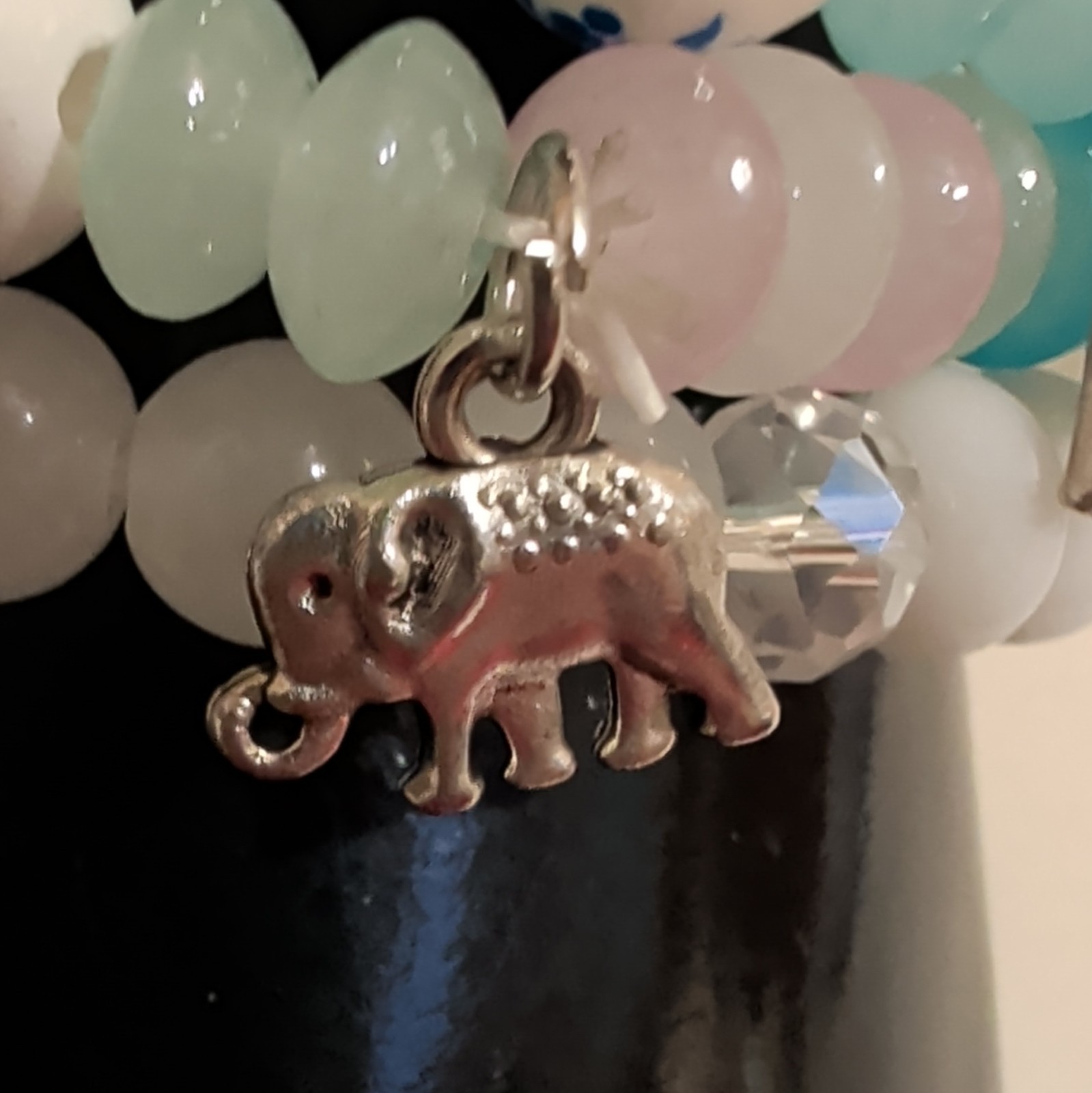 Multicolor Glass Round Beaded Stretch Stackable Bracelets w/ Elephant Dangle