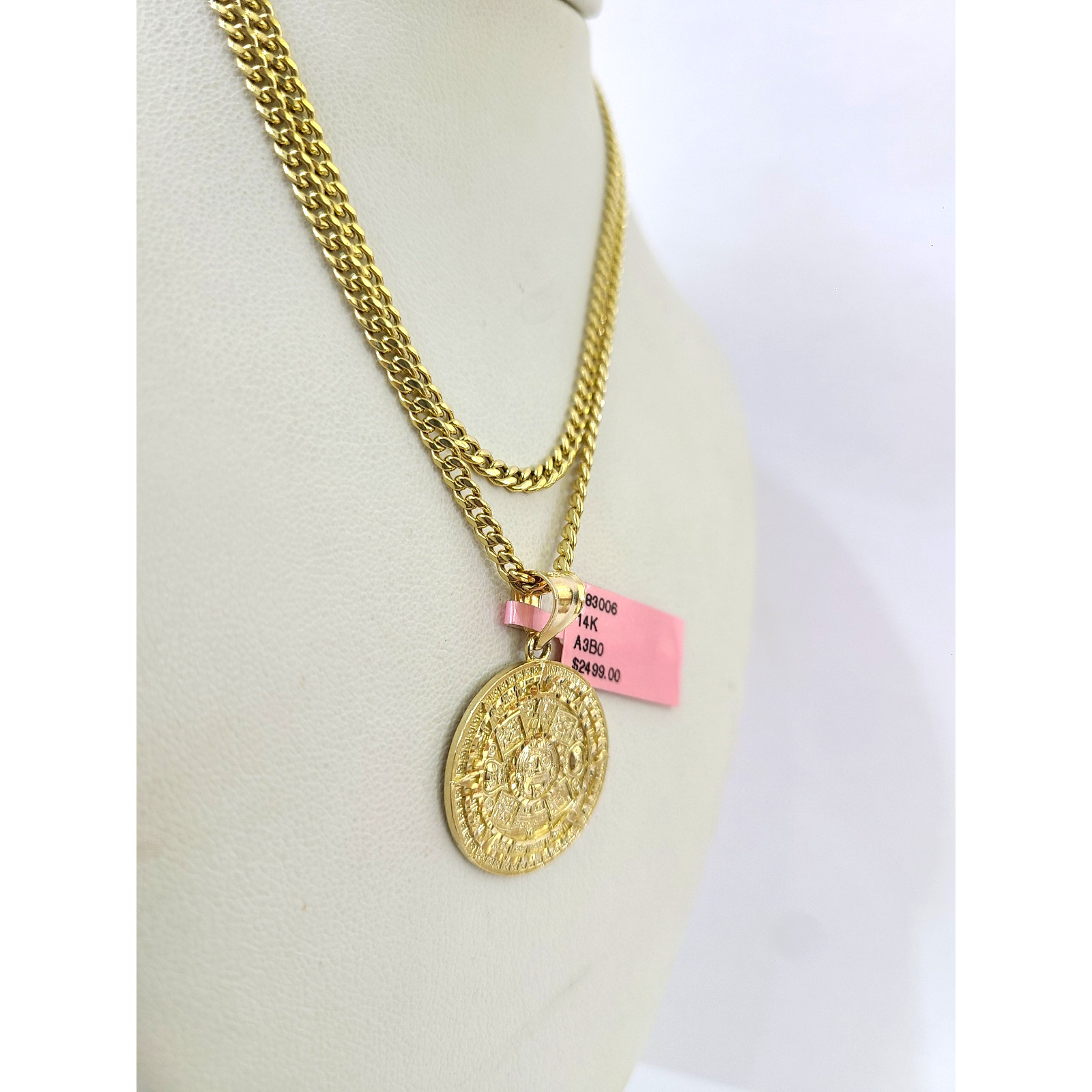 14K Gold Miami Cuban Link Chain Mayan Calendar Charm Pendant Set 3mm 18″–28″