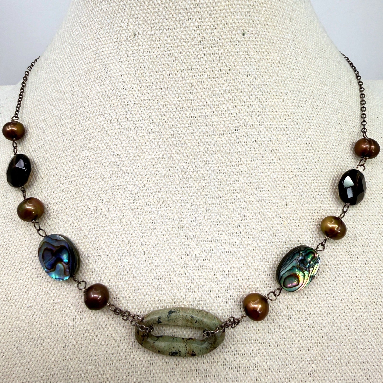 Sterling Silver Abalone Jasper Pearl Smoky Quartz Mixed Media Boho Necklace