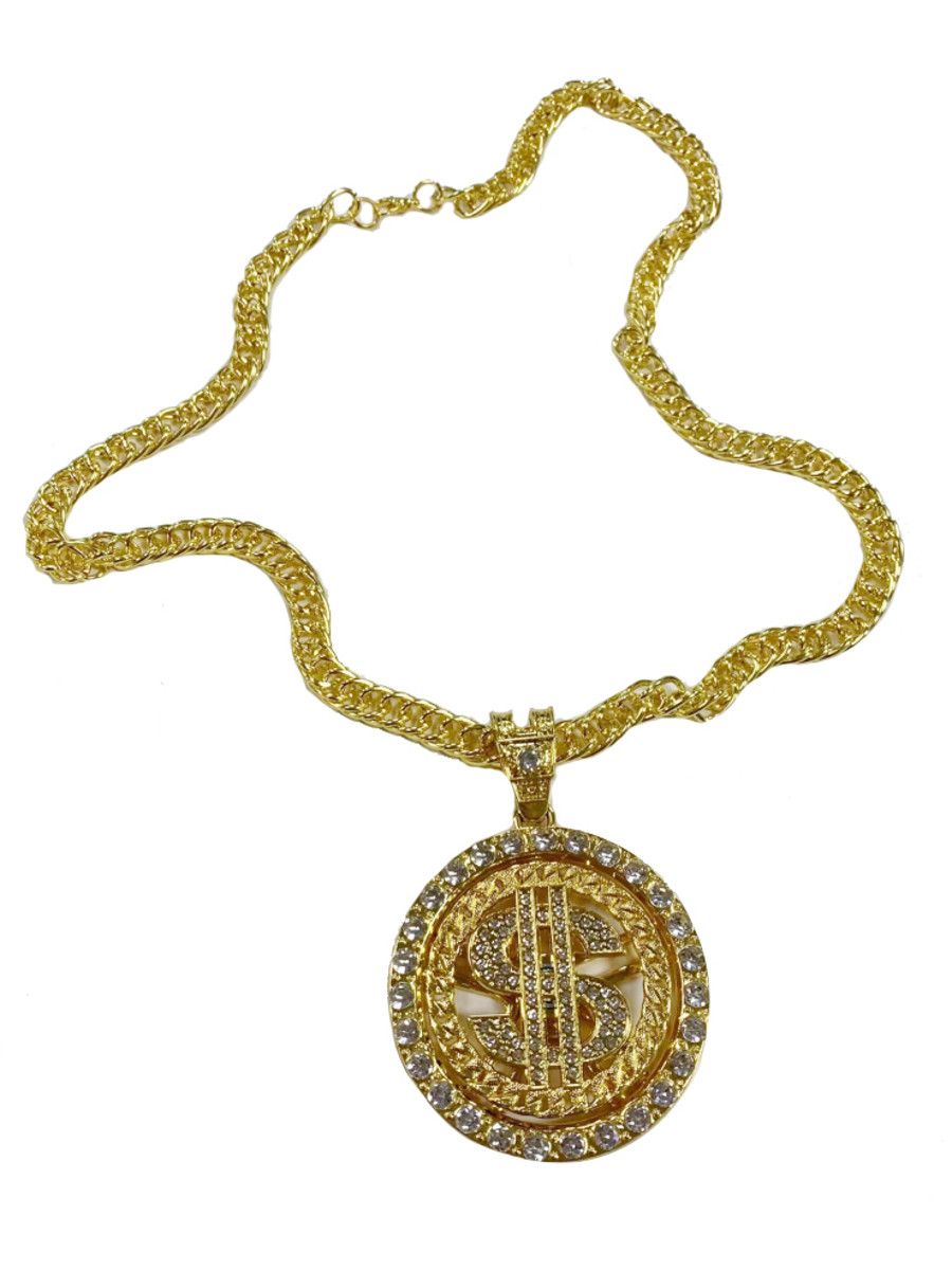 24″ Chunky Metal Rapper Dollar Sign Spinner Bling Necklace Costume Accessory
