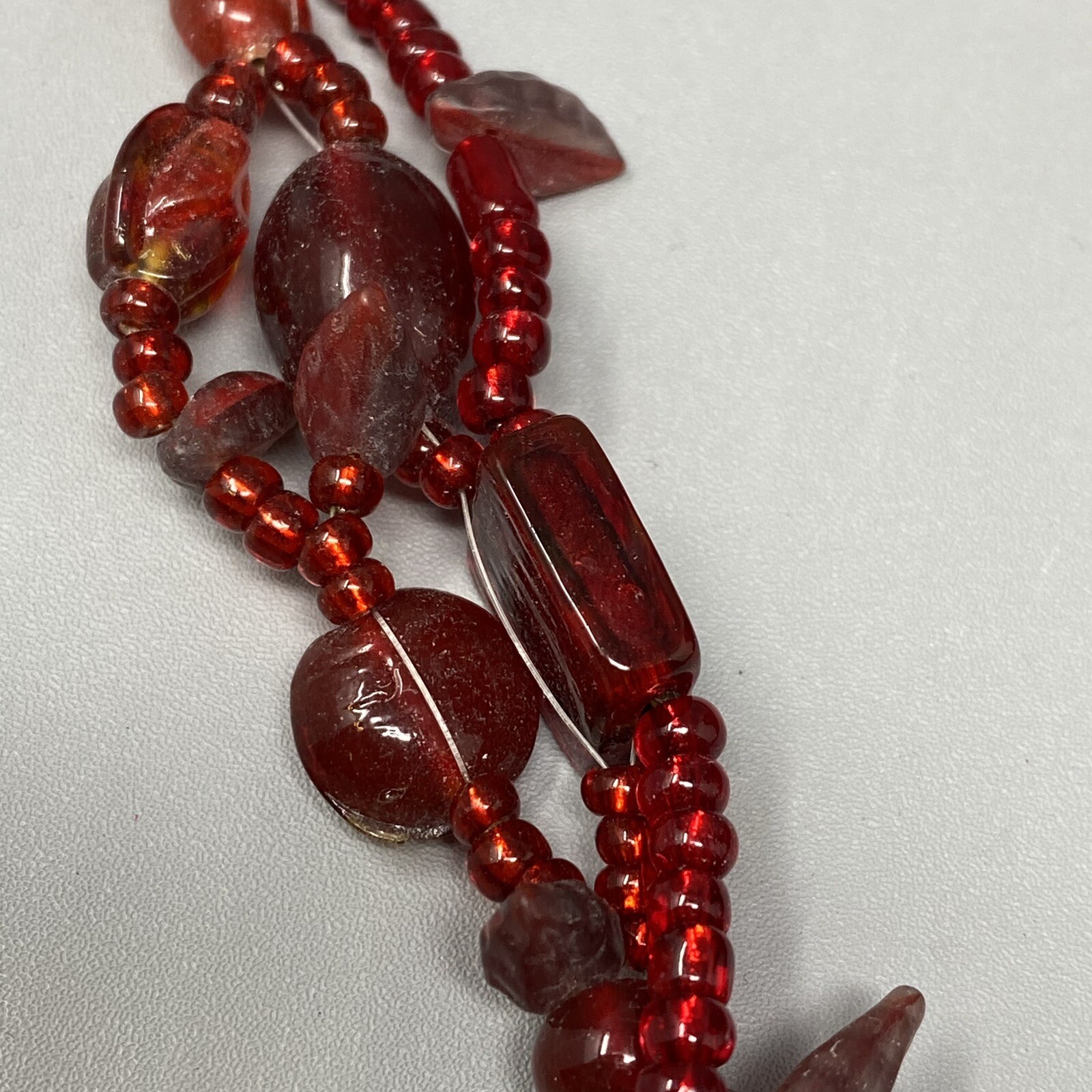 VTG Boho Glass Necklace Red Burgundy Glass Beads Czech Dichroic Frost Molded 24″