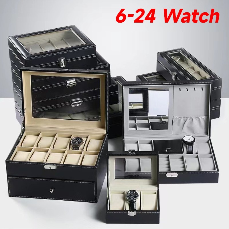 Mens Watch Box Display Case Storage Organiser PU Leather Holder Glass Top Gift