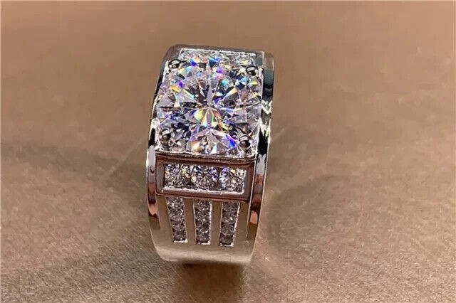 3Ct Round Cut Real Moissanite Men’s Halo Engagement Ring 14K White Gold Plated
