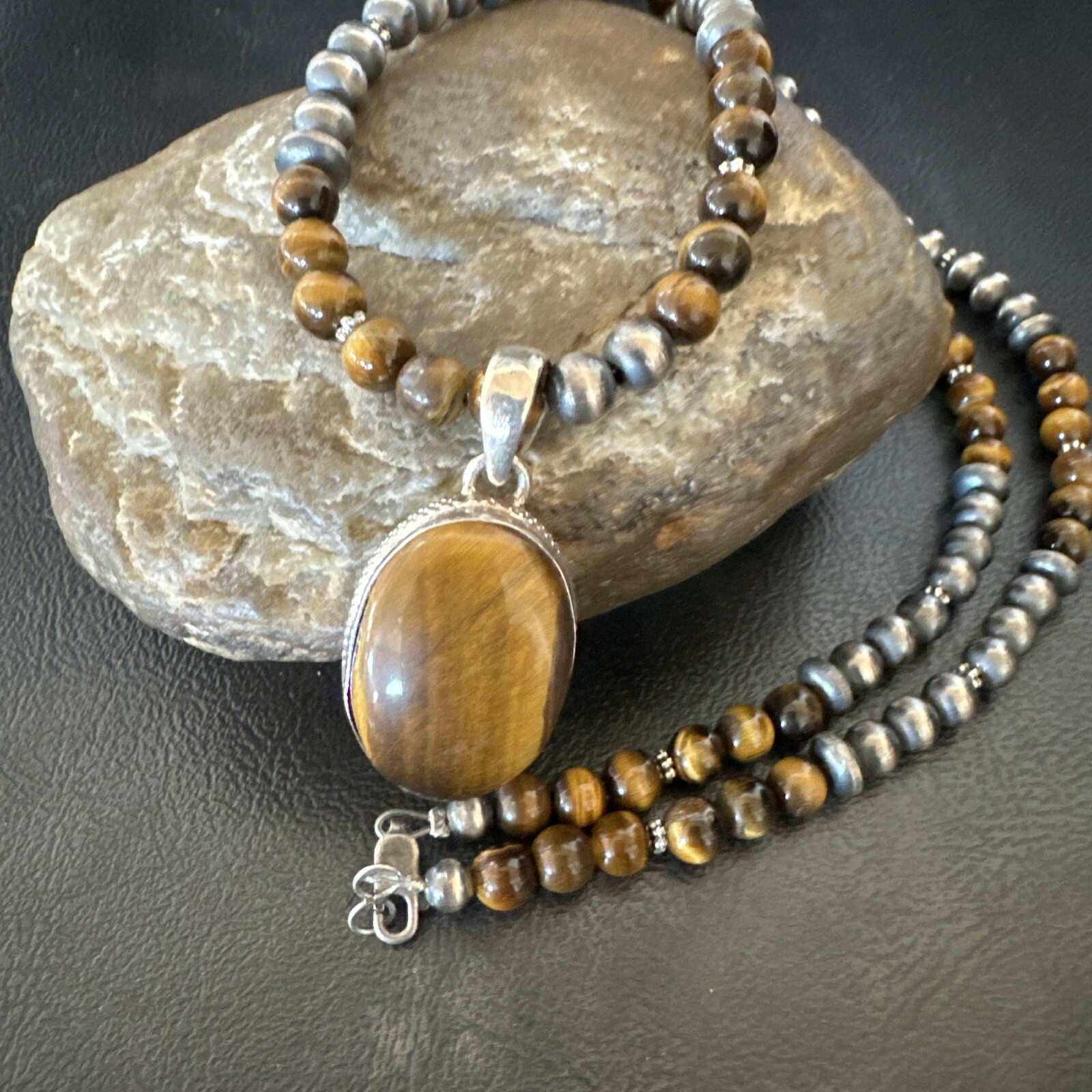 Coffee Brown Tigers Eye Sterling Silver Pendant Necklace Southwestern 18288