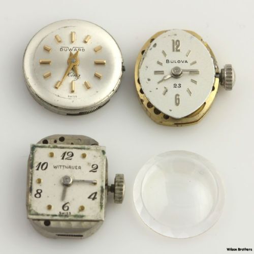 4 Piece Wrist Watch Movements + Crystal Lot – For Parts Bulova Duward Wittnauer