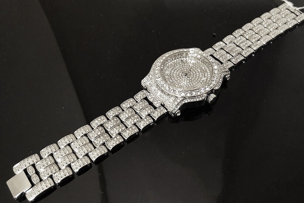 Men Hip Hop Icy Iced Silver Plated Alloy Bling Cubic Zirconia Bling Luxury Watch
