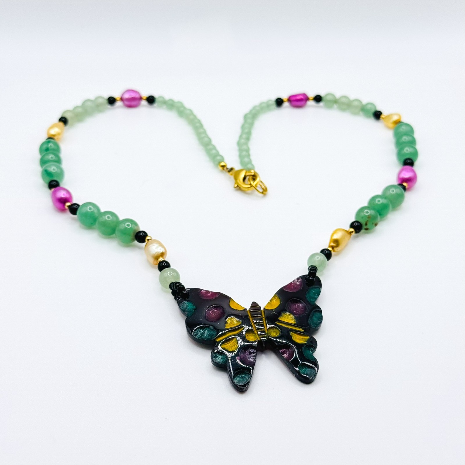 Multicolour Green Glass Butterfly Pendant Beaded Necklace 51cm Bead Artisan
