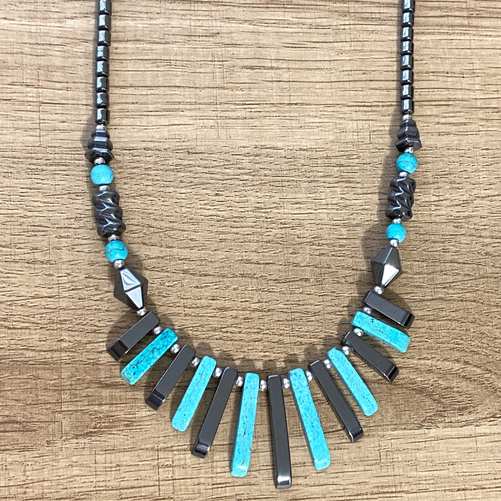 Vintage Turquoise Blue Dyed Gemstone Bib Necklace Carved Polished Shiny Fringe