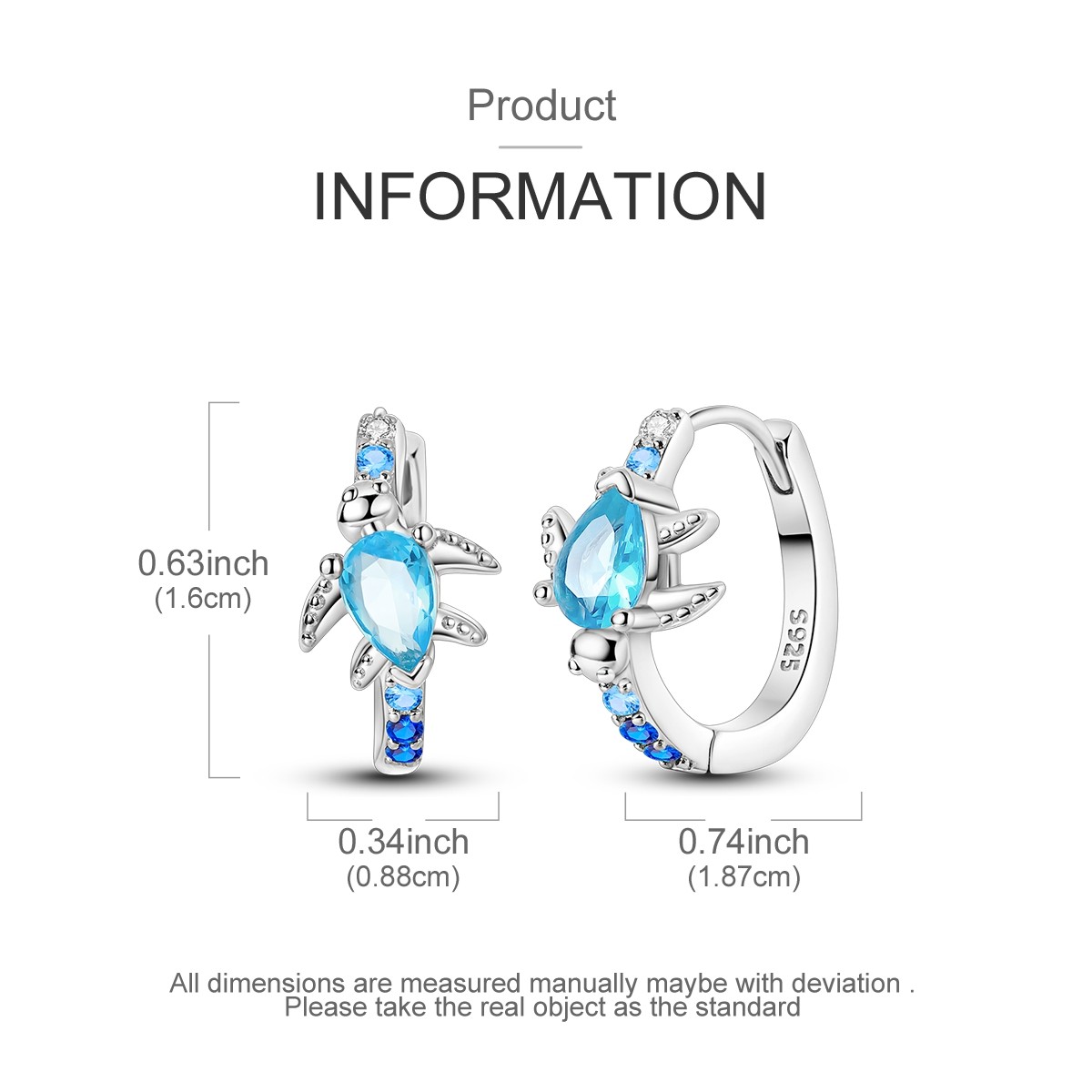 LAZA New 925 Sterling Silver Hoop Earrings Blue CZ Turtle Roaming Women Jewelry