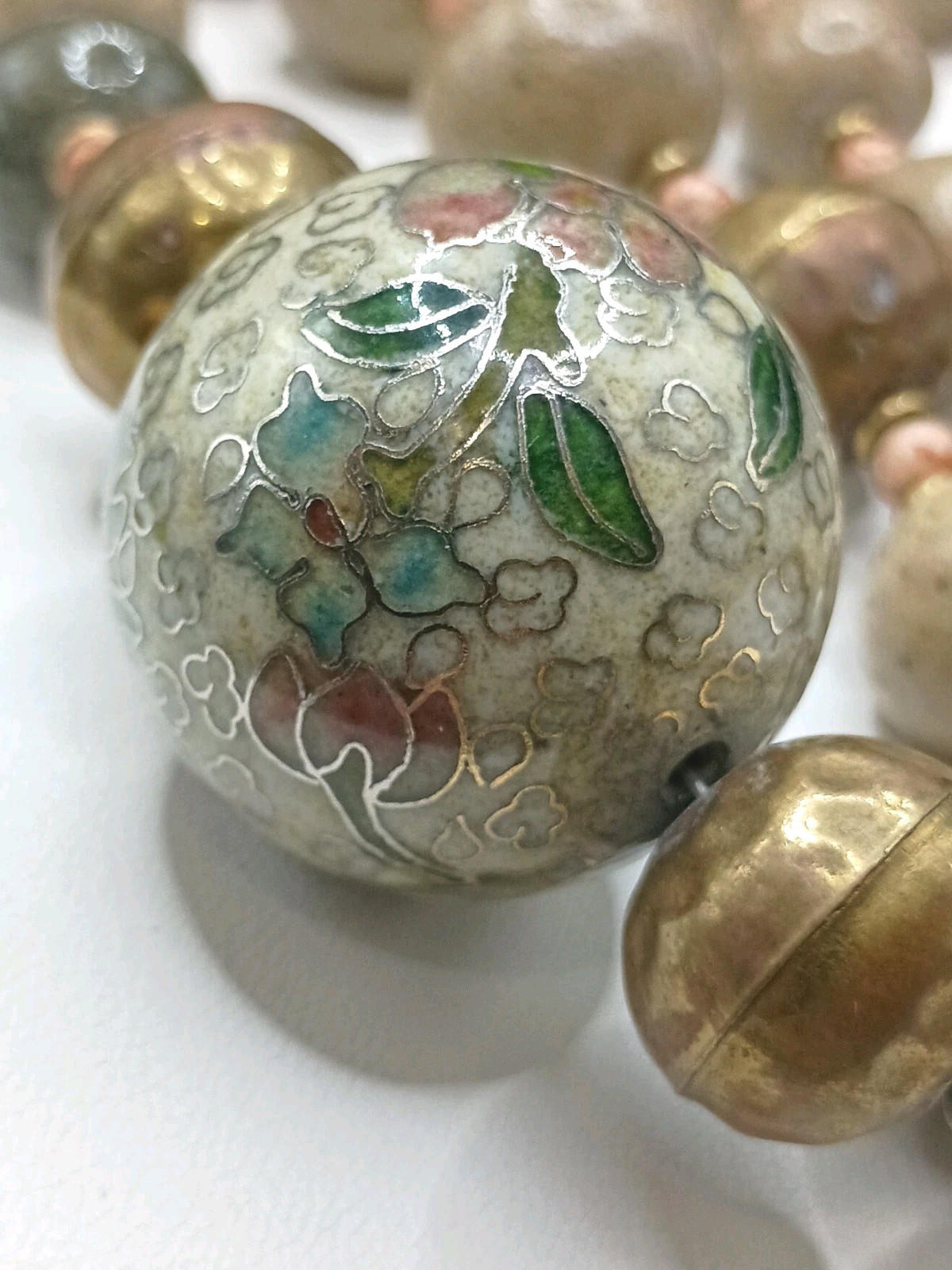 Vintage Chinese Export Cloisonne Floral Beaded Necklace Clay Brass 32” Long