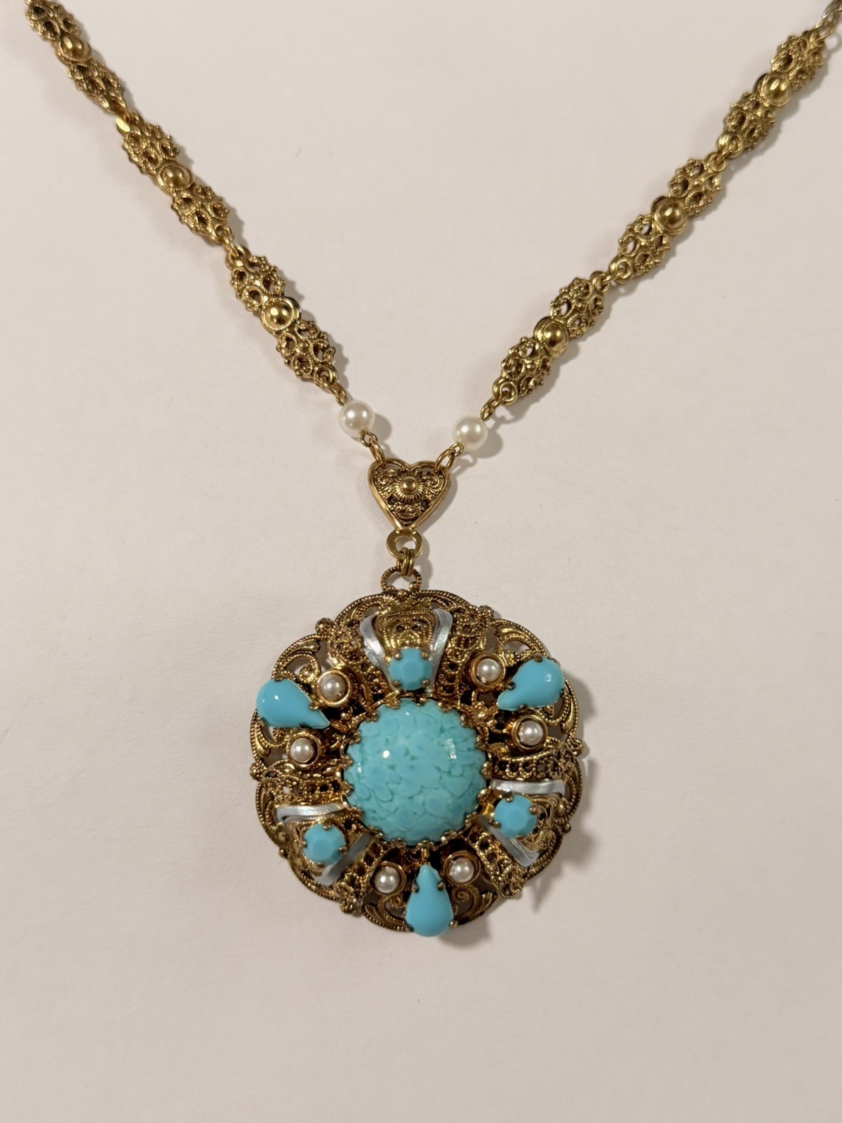 Vintage Western Germany Gold Filigree Faux Turquoise Pendant Necklace 26”